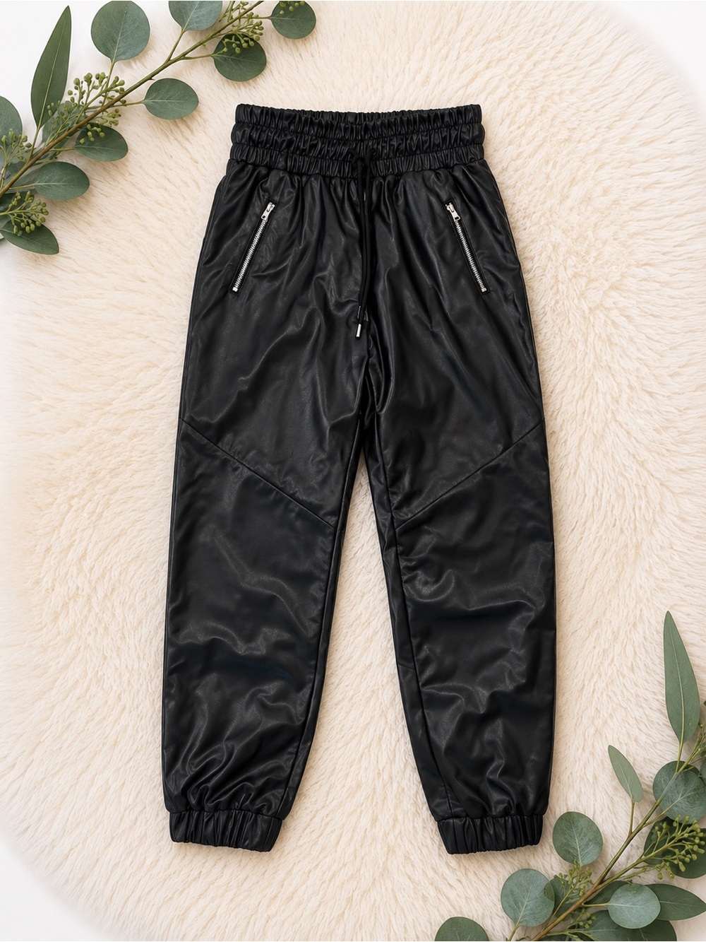 Black Faux Leather Joggers with Elastic Waist